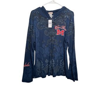Ole Miss Sweatshirt Women's XXL Navy Full Zip Hoodie Paisley Y2k Rhinestone NWT